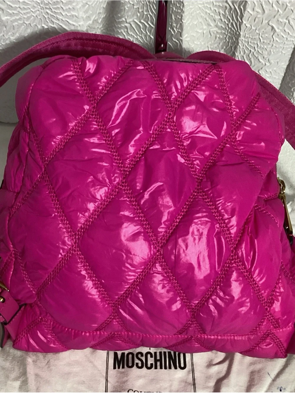 Moschino Quilted Hot Pink Large Nylon Backpack w/ Gold Studded Logo